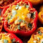Four colorful bell peppers stuffed with ground turkey, rice, and melted mozzarella cheese in a baking dish.