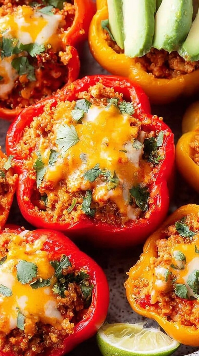 Four colorful bell peppers stuffed with ground turkey, rice, and melted mozzarella cheese in a baking dish.
