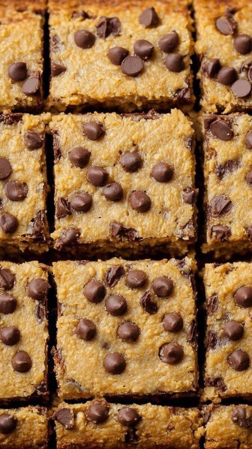 A stack of golden brown peanut butter chickpea blondies topped with melted chocolate chips on a white plate.