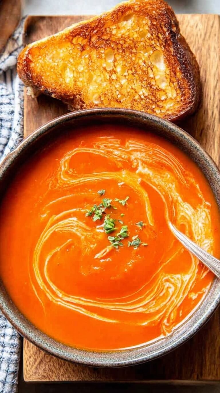 A bowl of smooth, orange-red tomato soup swirled with coconut milk and topped with fresh basil.