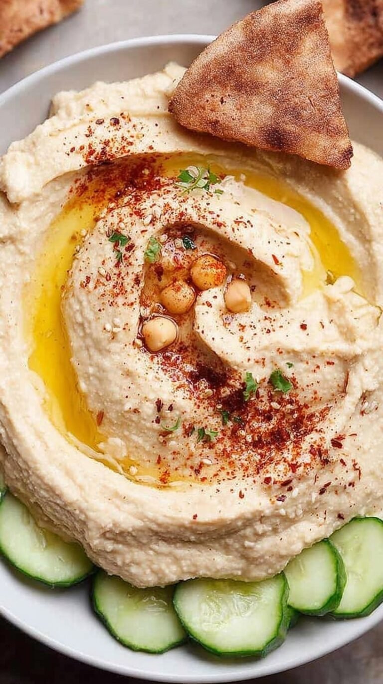 A bowl of smooth homemade blender hummus topped with olive oil and chickpeas