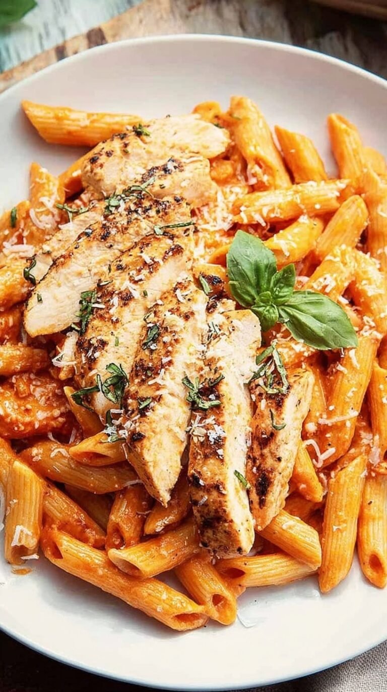 A bowl of whole wheat penne pasta in a creamy tomato vodka sauce with grilled chicken and fresh basil.