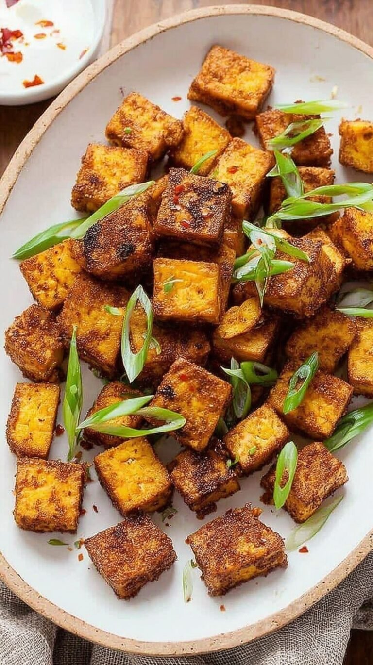 Golden brown cubes of super crispy tofu in a bowl with dipping sauce
