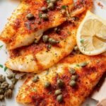 Golden seasoned tilapia fillets cooked in an air fryer and served with lemon wedges
