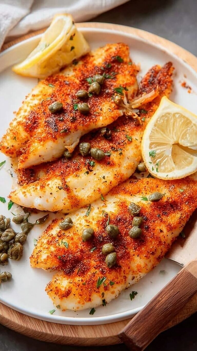 Golden seasoned tilapia fillets cooked in an air fryer and served with lemon wedges