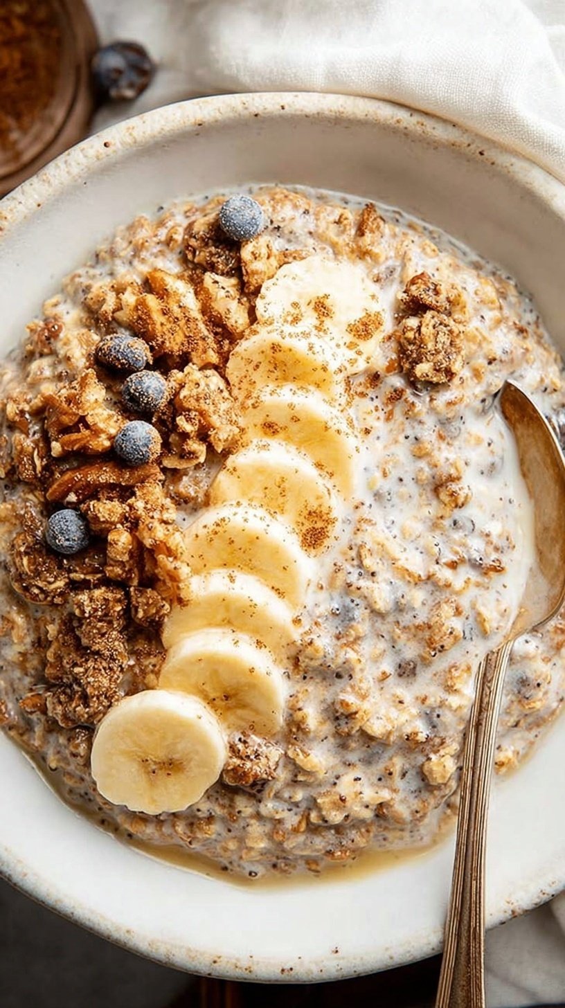 A glass jar filled with creamy cinnamon overnight oats topped with a dash of extra cinnamon