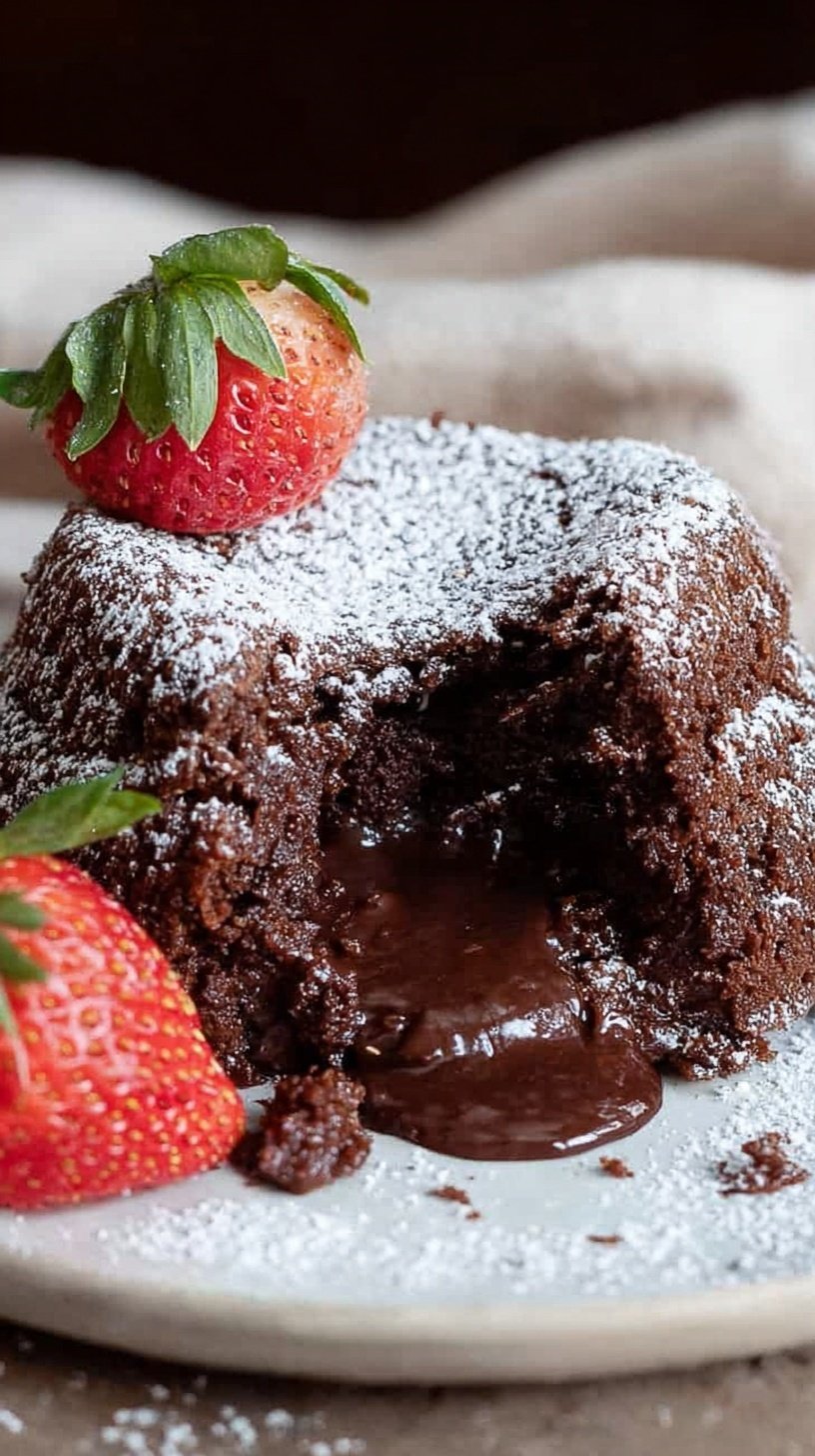 Two vegan molten lava cakes on white plates with gooey chocolate centers flowing out