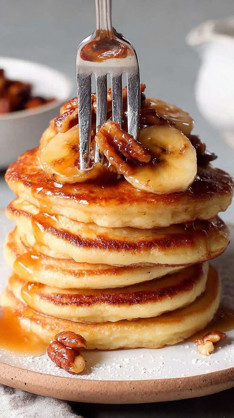 A stack of fluffy buttermilk pancakes topped with sliced caramelized bananas and a rich brown sugar sauce.