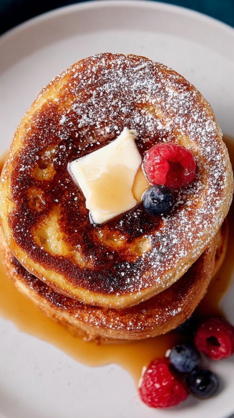 Golden brown French Toast Bagels topped with maple syrup on a white plate
