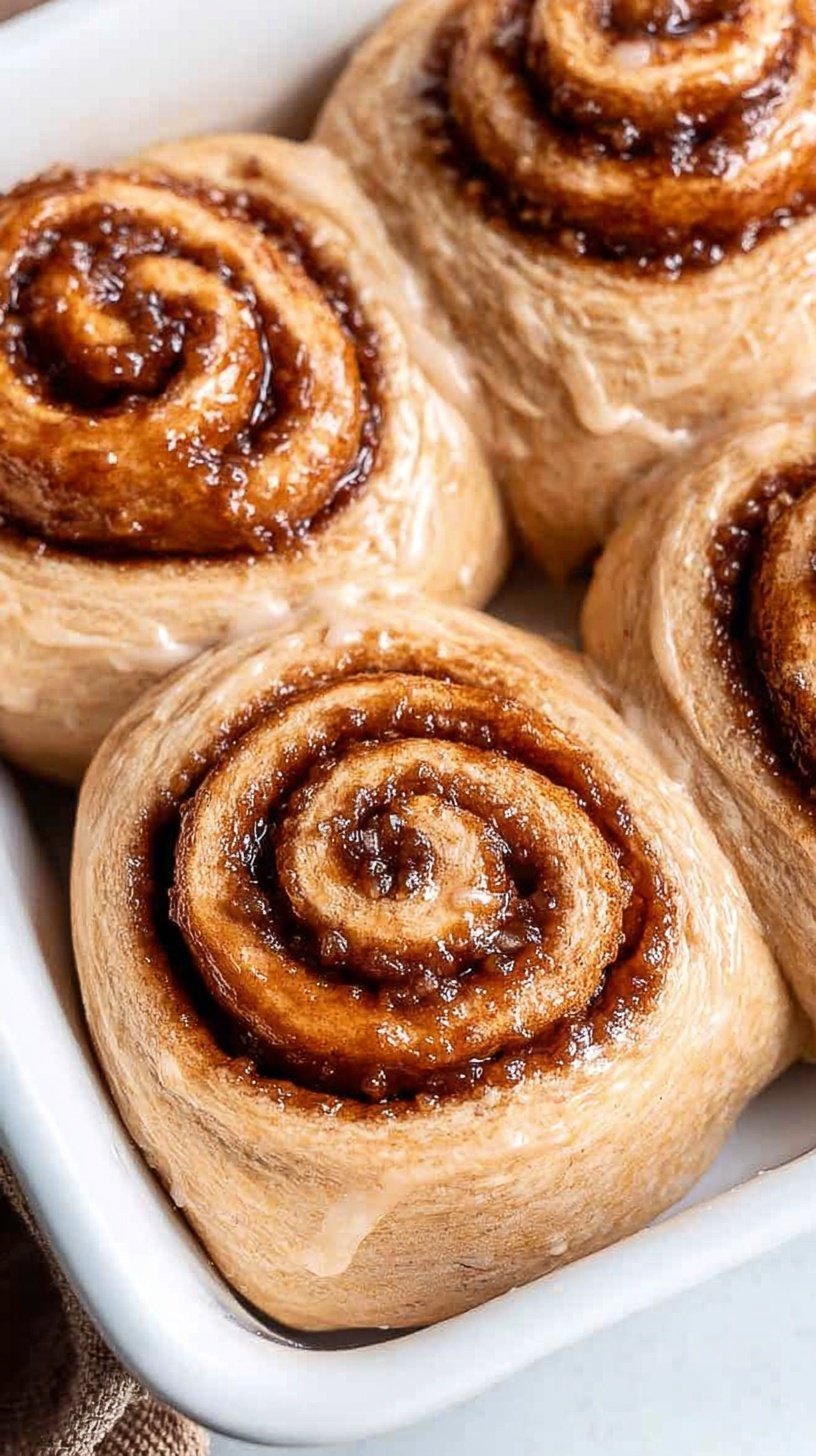 Freshly baked healthy cinnamon rolls with Greek yogurt icing in a circular pan
