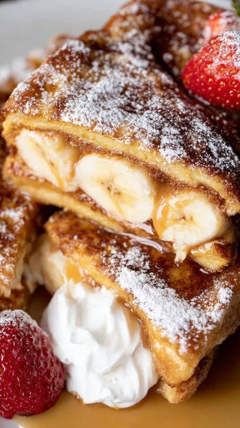 Golden brown brioche french toast stuffed with creamy peanut butter and dusted with cinnamon.