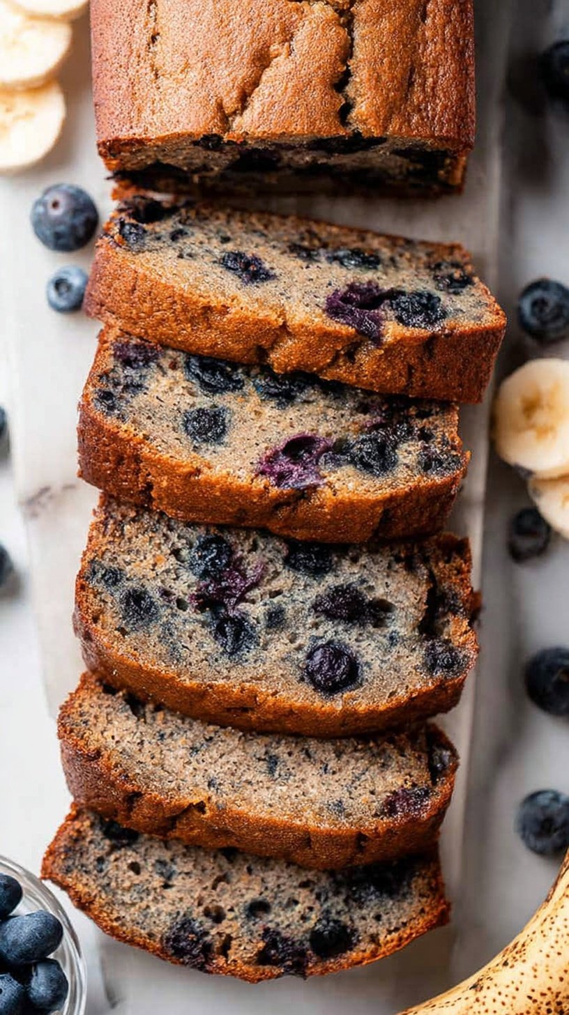 A sliced loaf of healthy blueberry banana bread on a wire cooling rack with fresh blueberries scattered around.