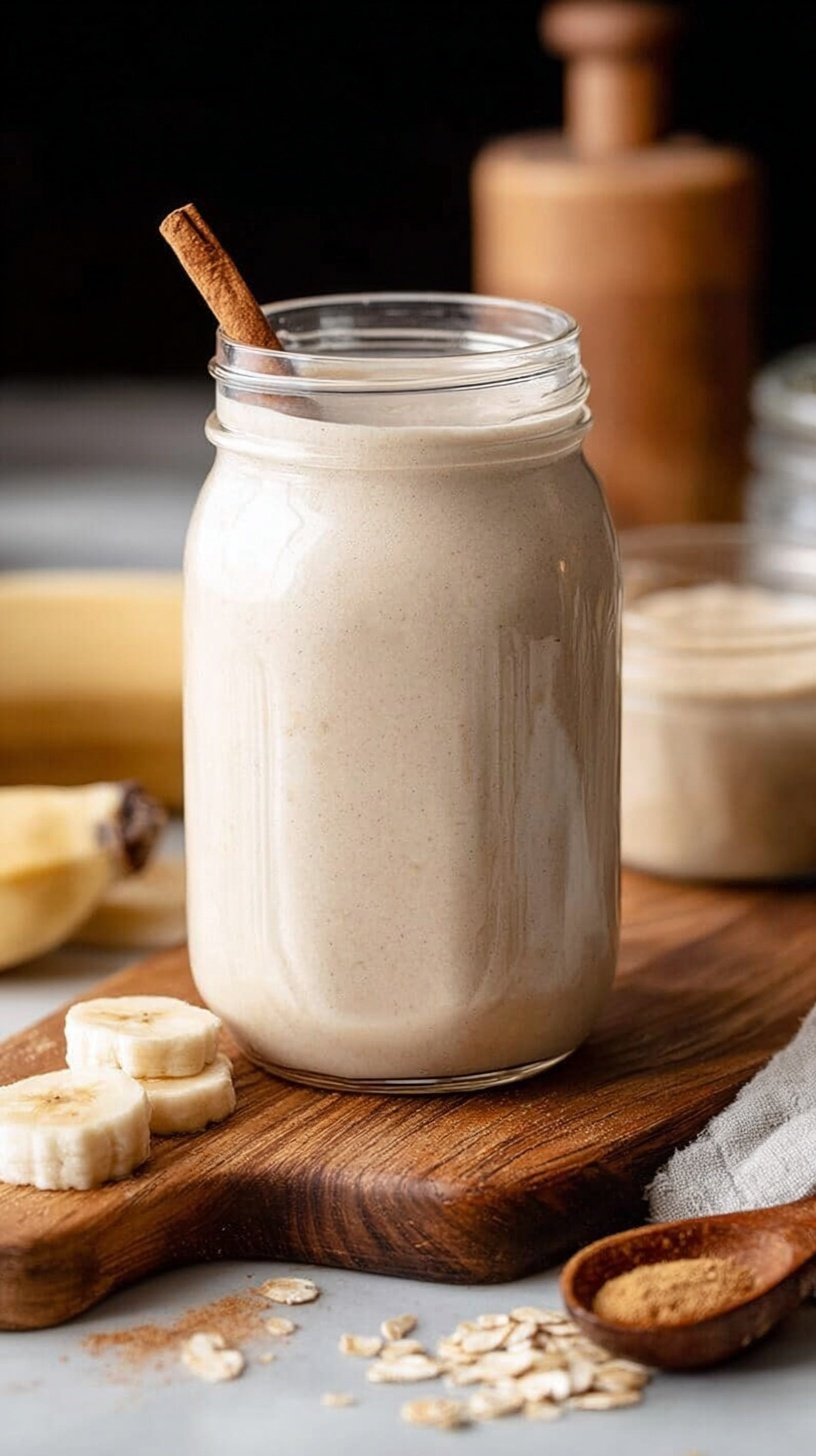 A creamy cinnamon smoothie in a glass with a dusting of cinnamon on top.