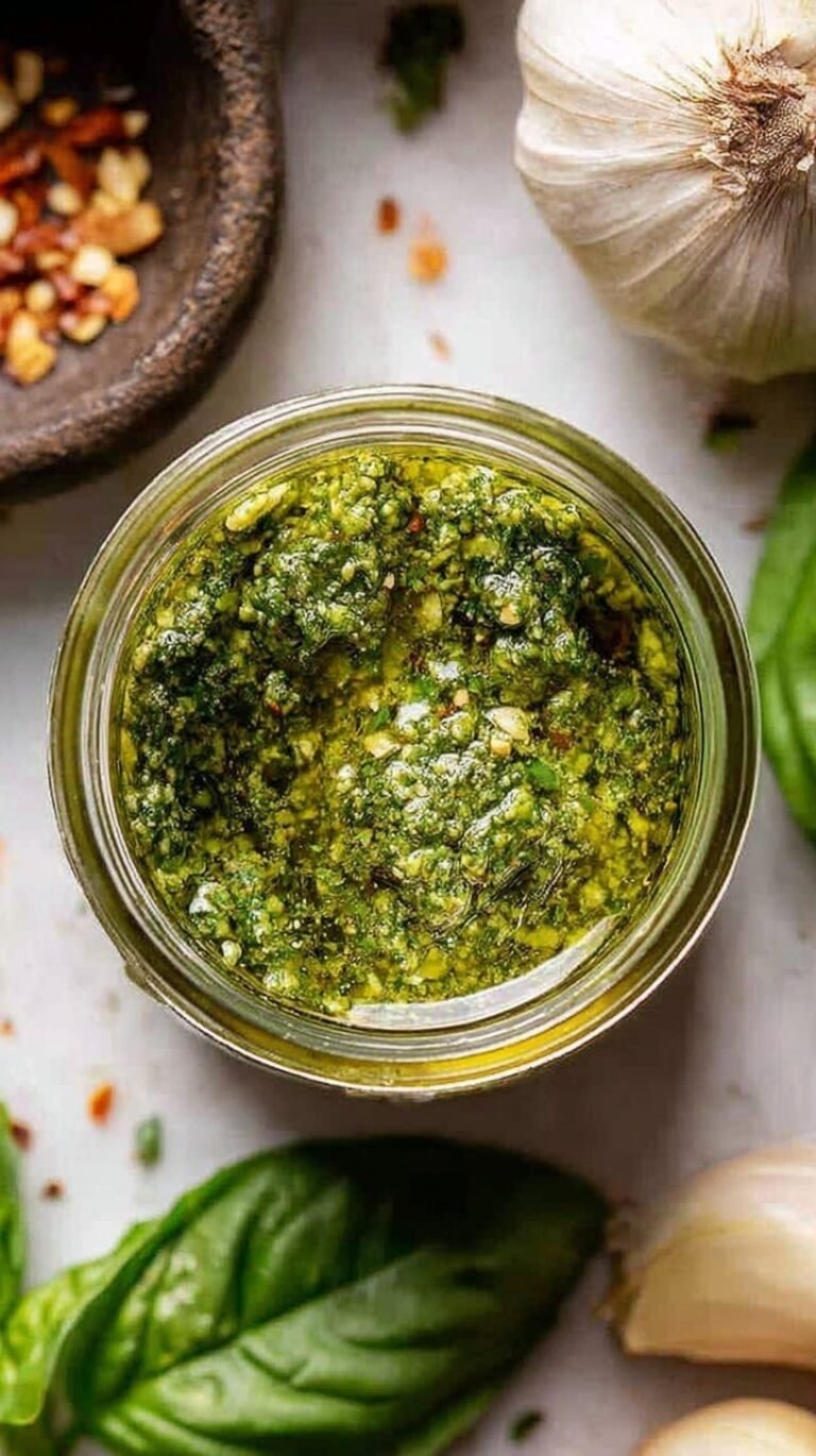 Fresh green walnut pesto in a glass jar surrounded by basil leaves and walnuts