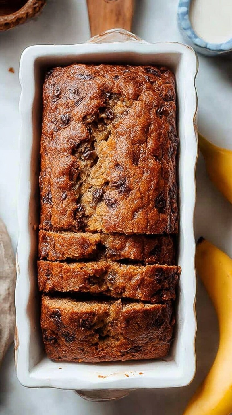 A golden brown loaf of dairy-free banana bread sliced on a wooden board.