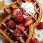 A stack of golden brown almond flour waffles topped with fresh berries and maple syrup on a white plate.