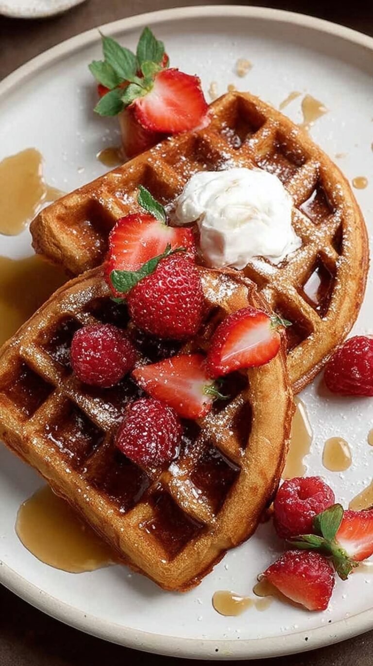 A stack of golden brown almond flour waffles topped with fresh berries and maple syrup on a white plate.