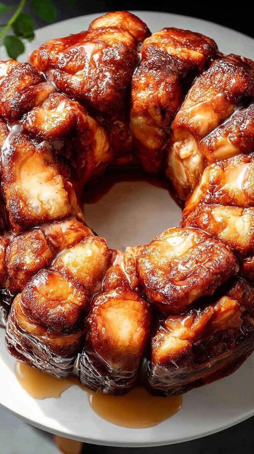 Golden brown vegan monkey bread pieces coated in cinnamon sugar and drizzled with white glaze on a platter