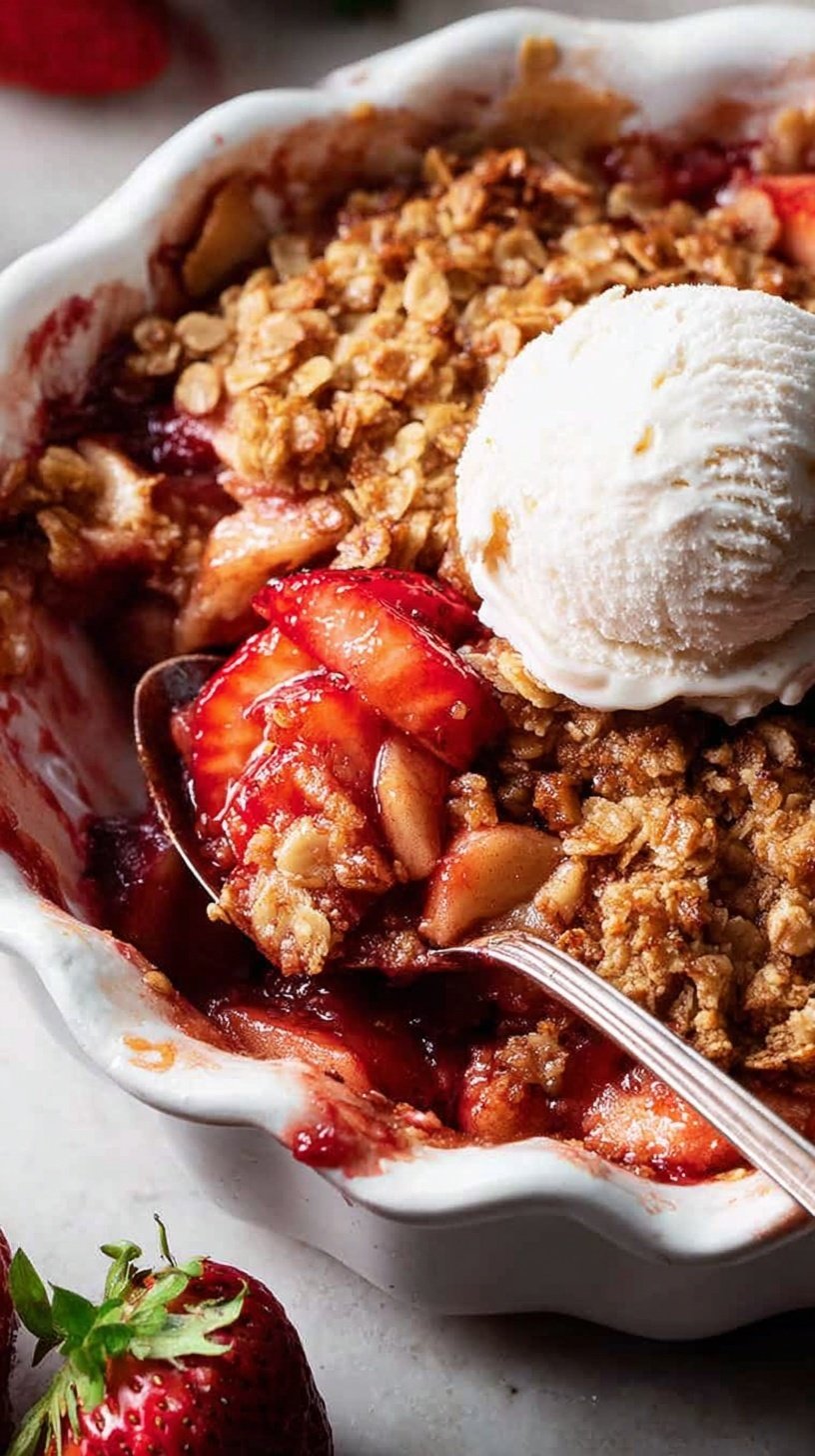 A golden brown strawberry apple crumble in a ceramic baking dish with bubbling fruit juices