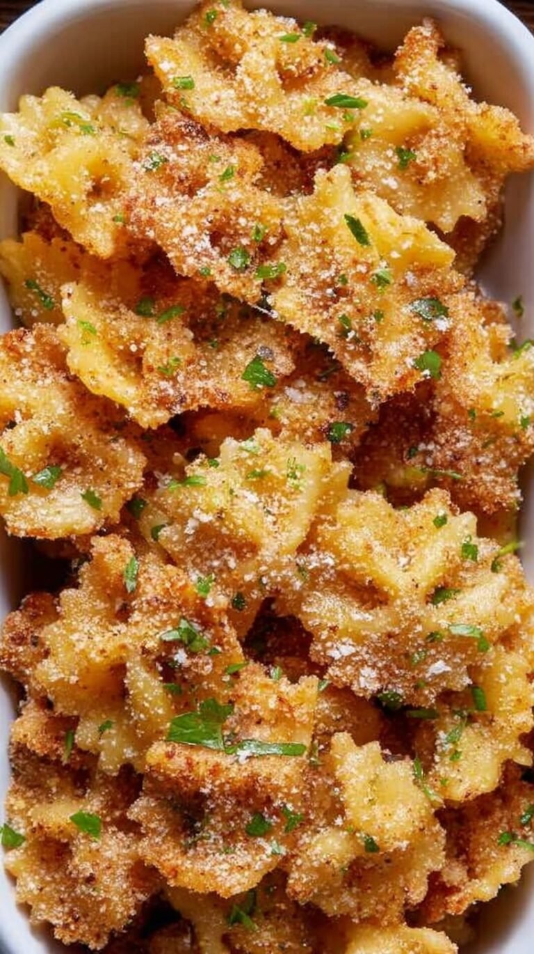 Golden brown and crispy air fryer pasta chips seasoned with parmesan and herbs in a bowl
