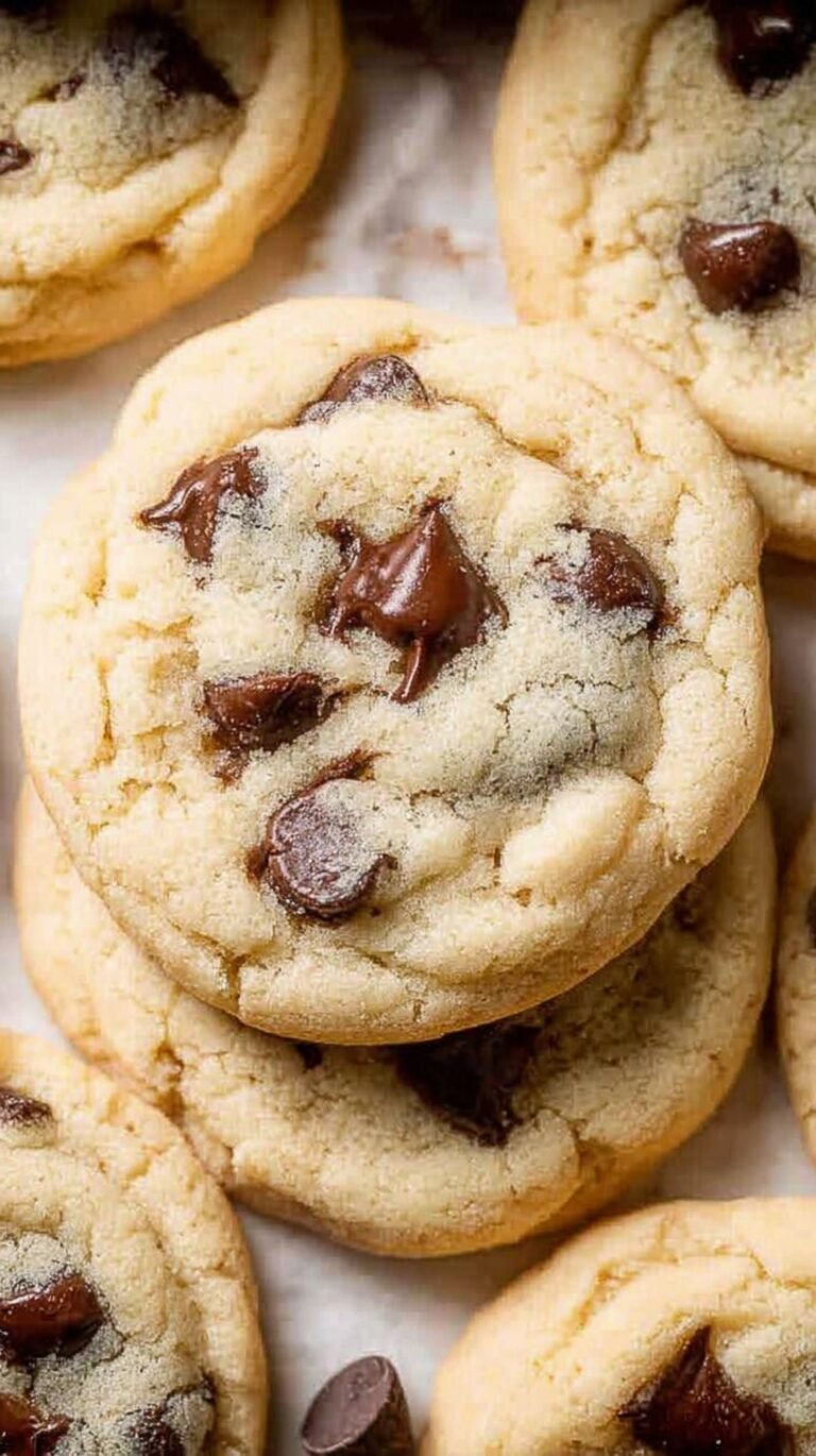 A stack of pale, soft sugar cookies filled with chocolate chips and coated in sparkling sugar.