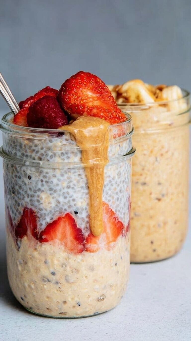 A glass jar filled with creamy overnight oats topped with fresh blueberries
