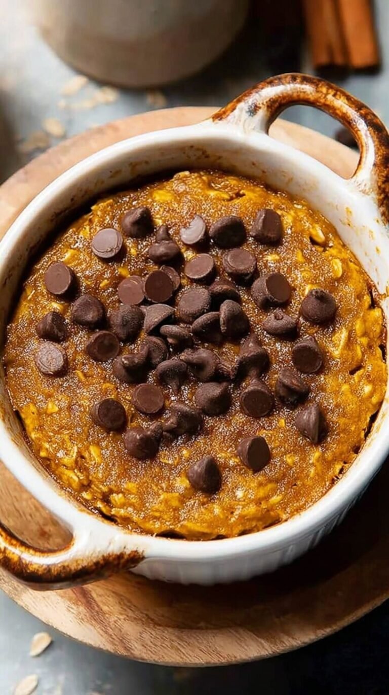 A single-serve ramekin filled with golden pumpkin baked oats topped with melted chocolate chips.
