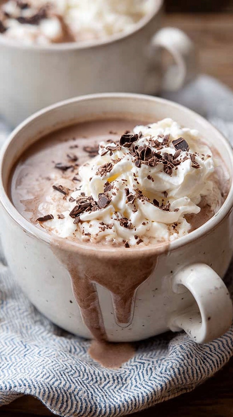 A steaming mug of frothy protein hot chocolate on a wooden table with a dusting of cocoa powder.