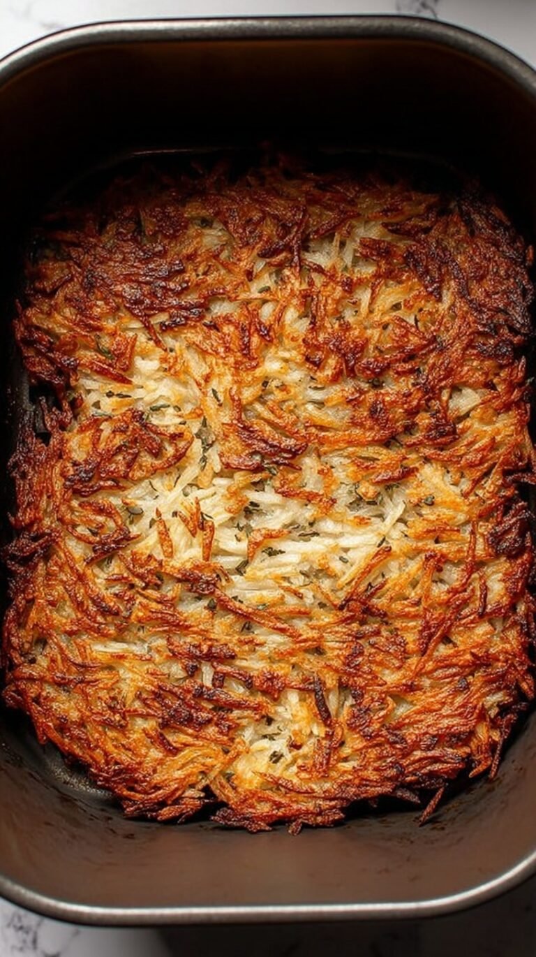 Crispy golden shredded hash browns in an air fryer basket