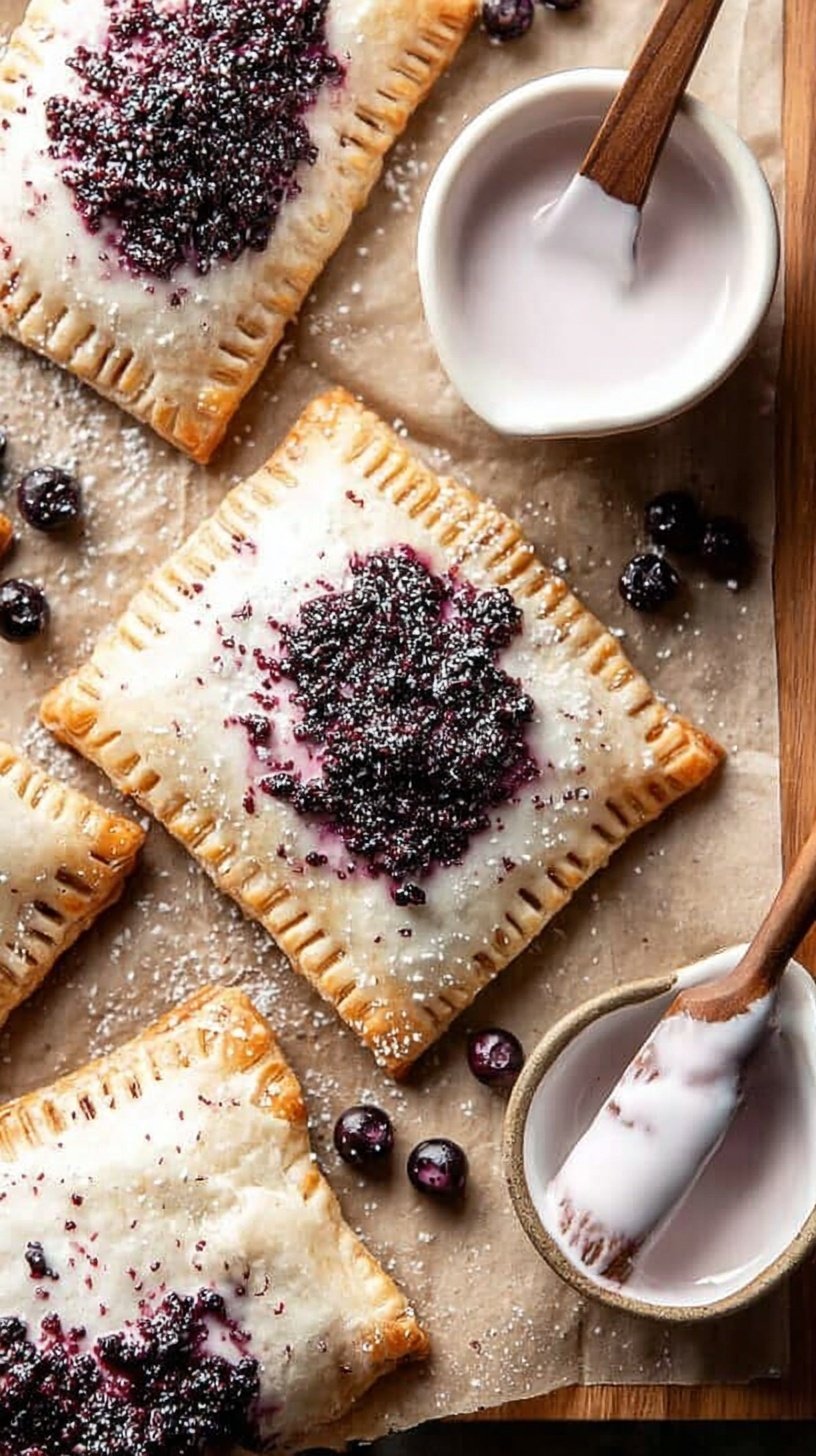 Golden brown blueberry pop tarts with purple glaze on a wire cooling rack