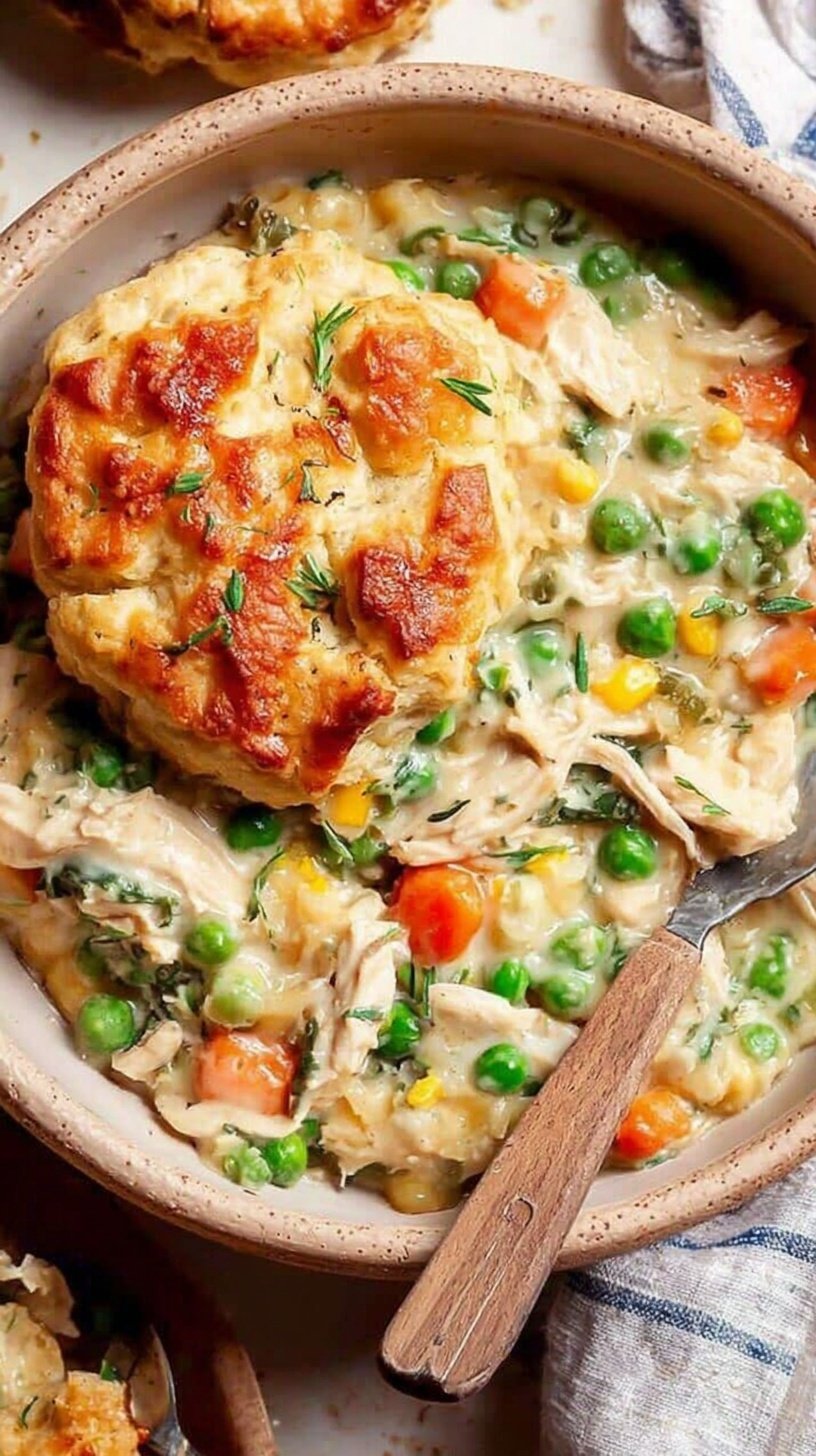 A white bowl filled with creamy chicken, carrots, and peas in a savory sauce garnished with fresh parsley.