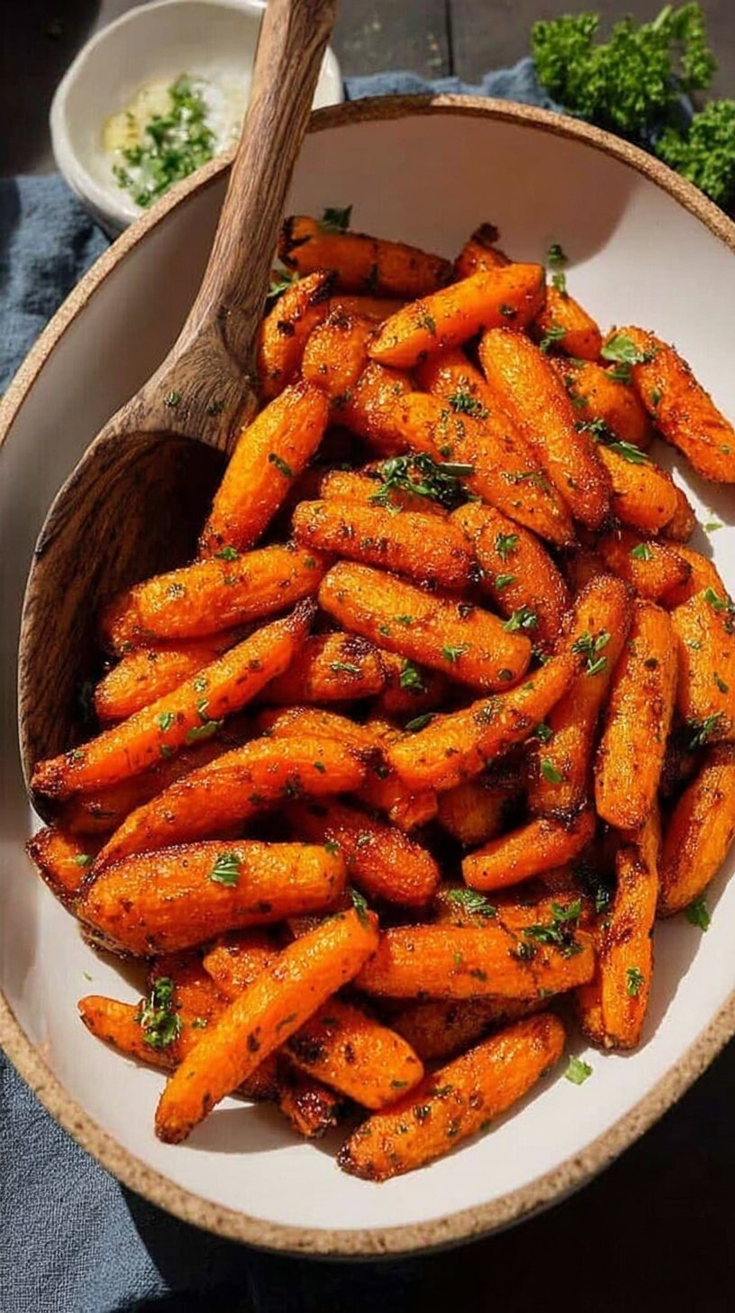 Golden brown and caramelized air fryer baby carrots seasoned with herbs in a black air fryer basket.
