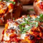 Baked sweet potatoes stuffed with shredded chicken, marinara sauce, and melted mozzarella cheese topped with fresh basil.