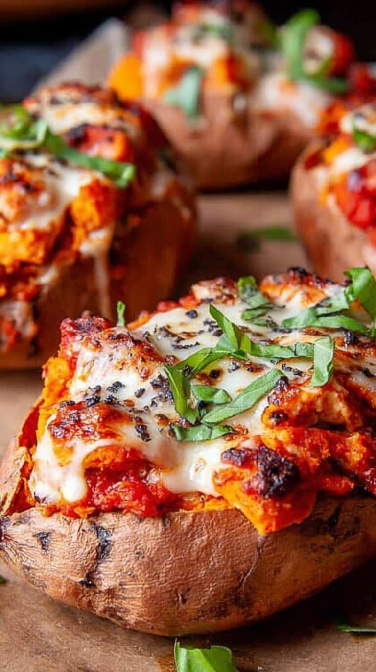 Baked sweet potatoes stuffed with shredded chicken, marinara sauce, and melted mozzarella cheese topped with fresh basil.