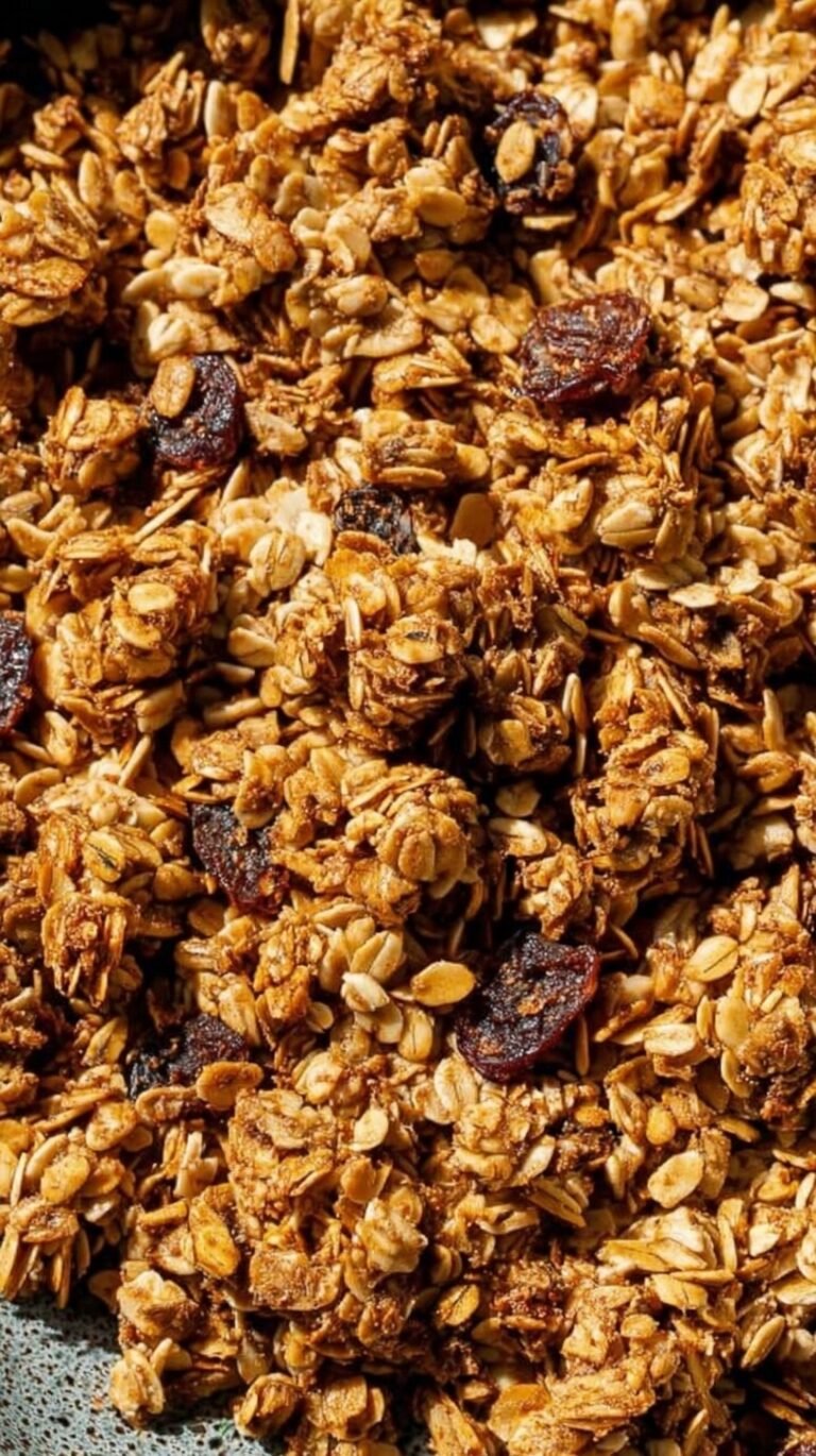 A golden tray of homemade granola with nuts, seeds, and dried cranberries on parchment paper.