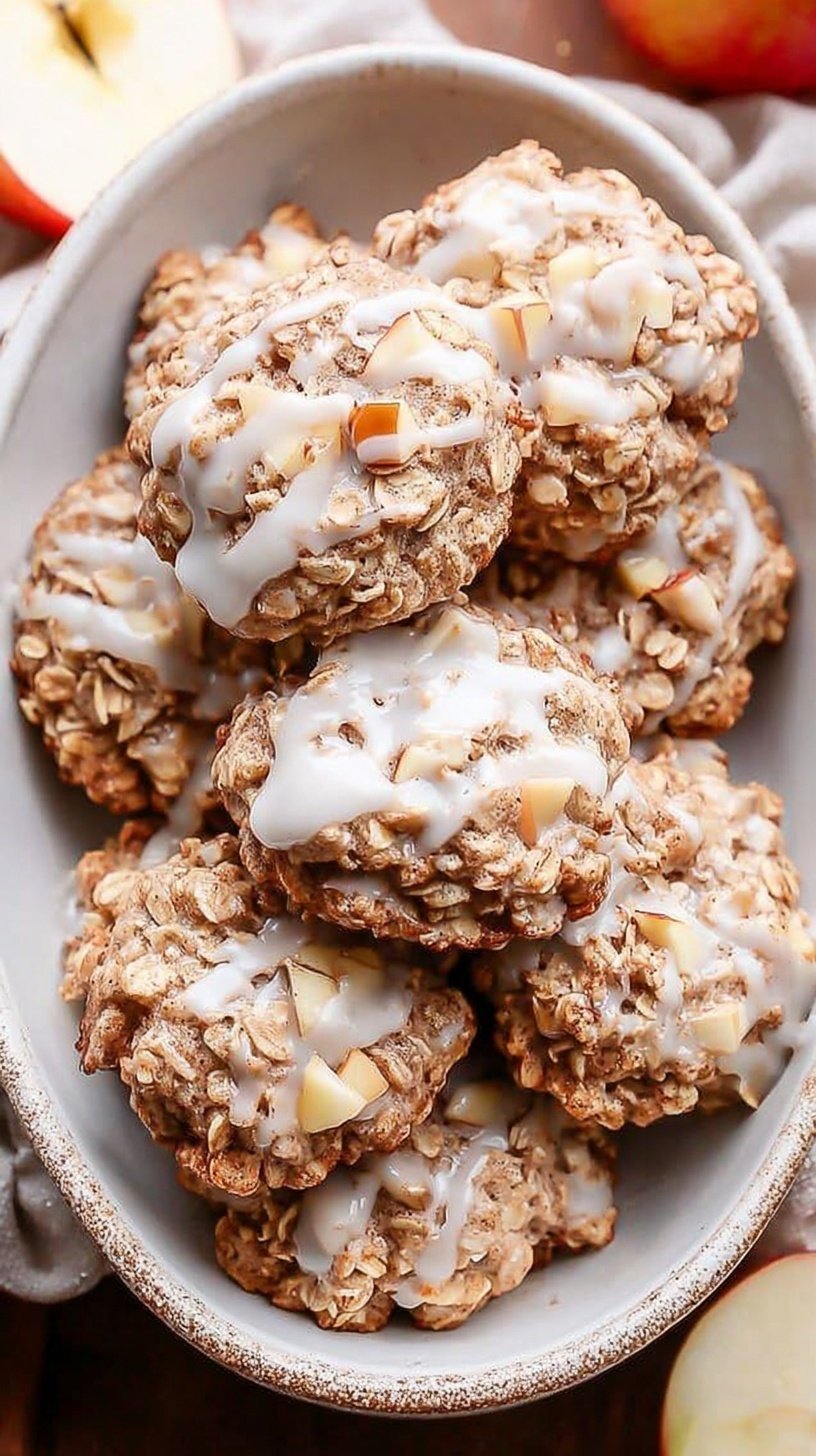 A stack of golden brown oatmeal cookies filled with diced apples and cinnamon on a wire cooling rack.