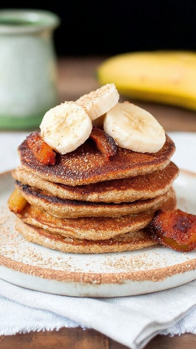 Stack of golden brown banana oat pancakes topped with fresh fruit on a white plate.