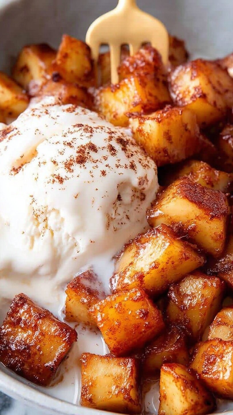 Sliced air fryer apples coated in cinnamon and brown sugar in a black air fryer basket
