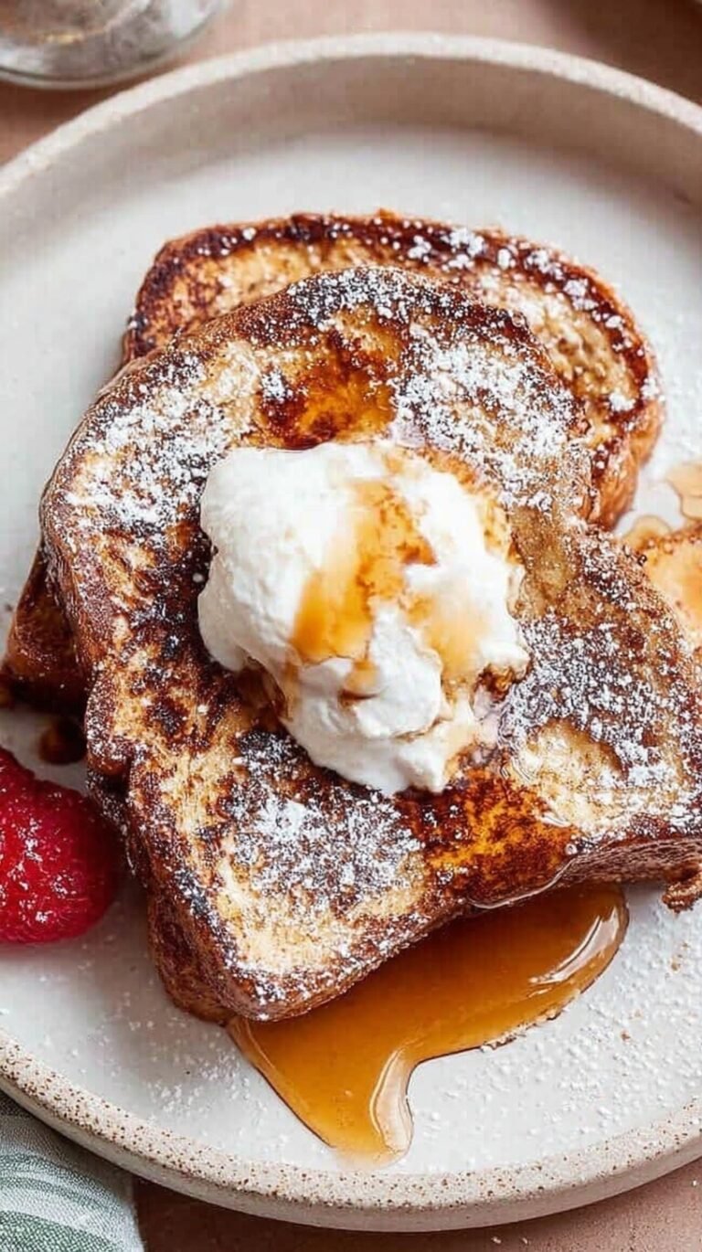 Golden brown slices of high protein french toast topped with cinnamon on a white plate.