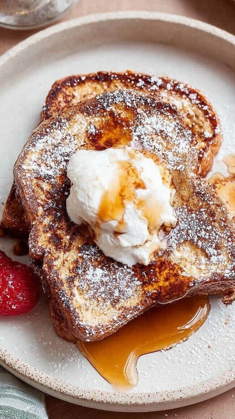 Golden brown slices of high protein french toast topped with cinnamon on a white plate.