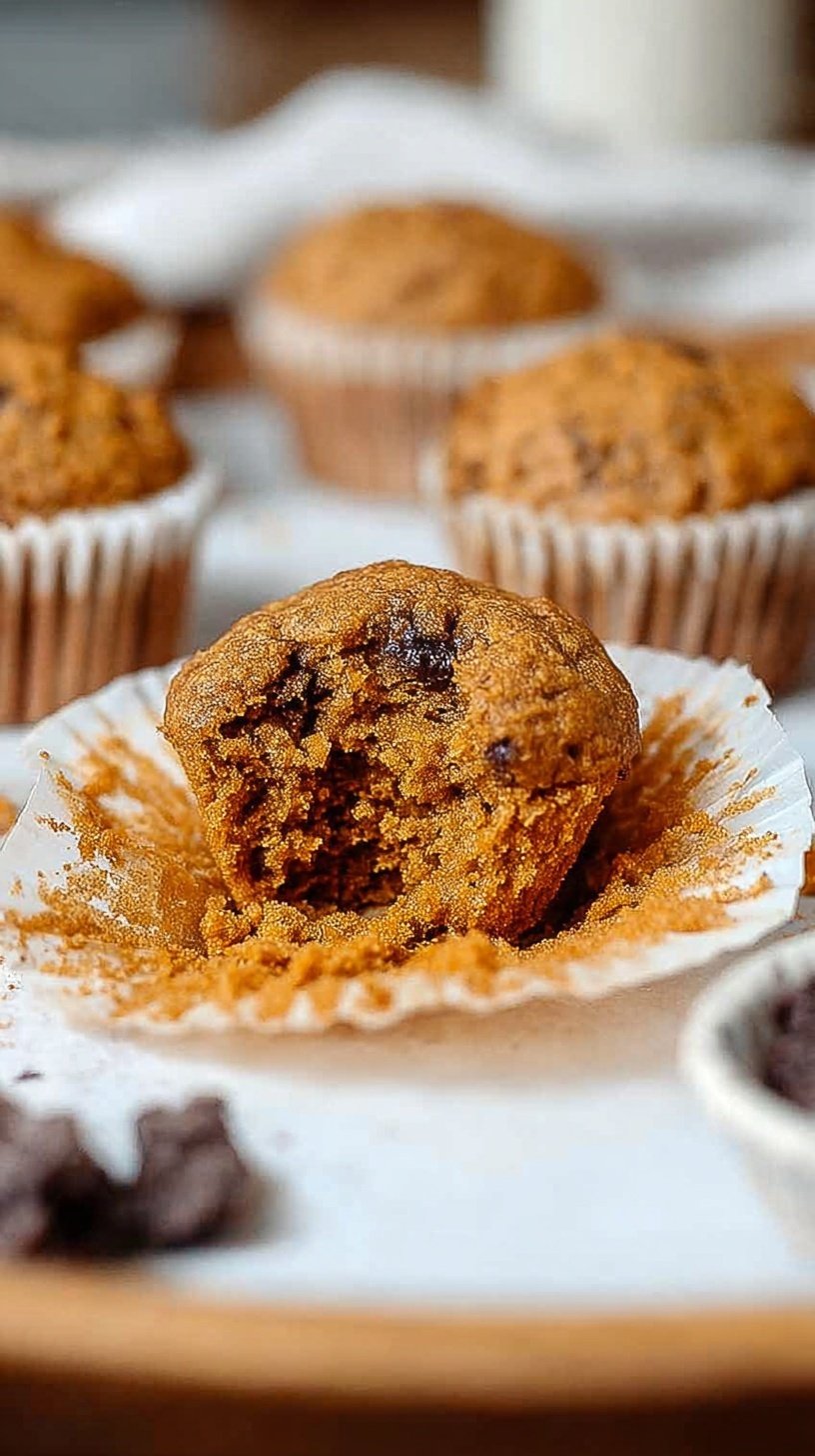 A stack of golden brown pumpkin muffins made with oat flour on a cooling rack.
