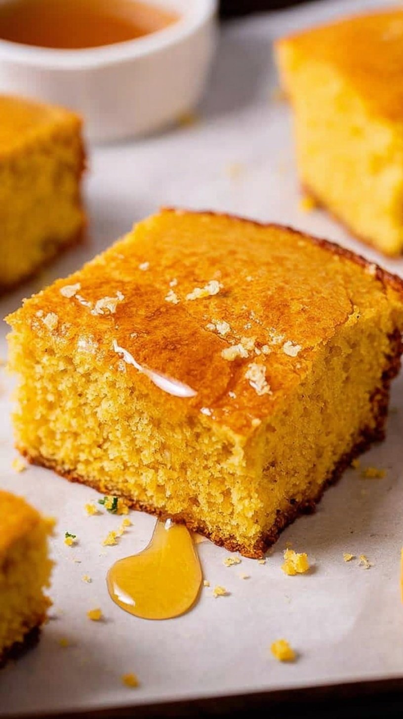 A square of golden almond flour cornbread sitting on a wooden board next to a bowl of chili.