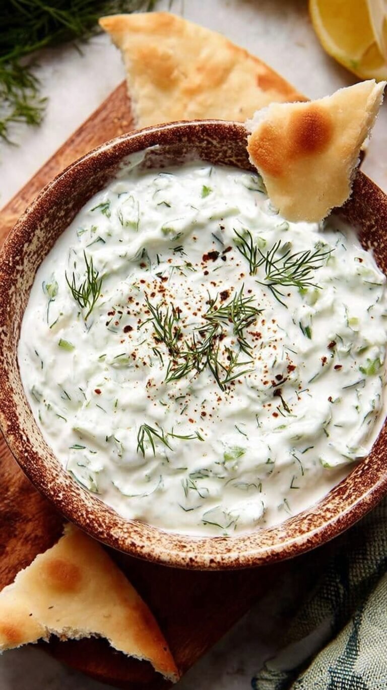 A bowl of creamy healthy low-fat tzatziki topped with fresh dill and cucumber slices