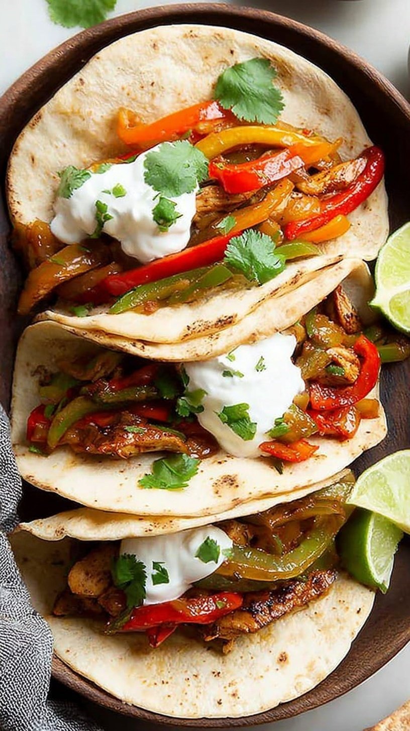 A platter of colorful chicken fajita tacos with lime wedges and cilantro
