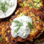 Golden brown zucchini fritters stacked on a white plate with green onions