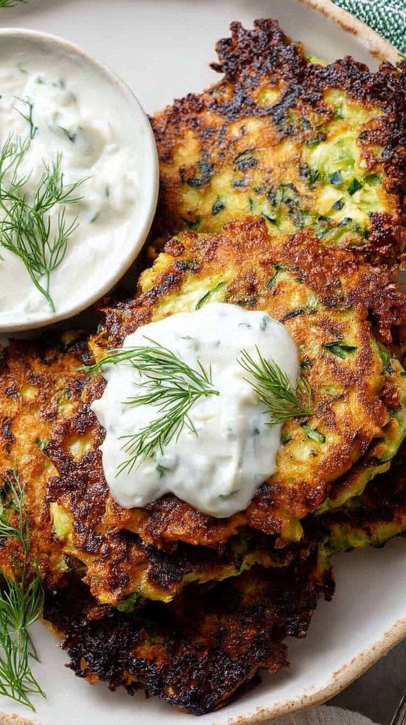 Golden brown zucchini fritters stacked on a white plate with green onions