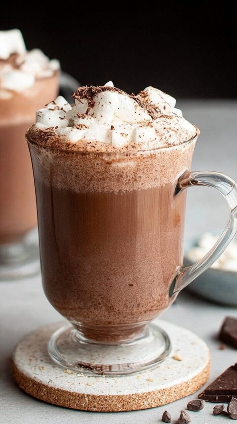 A steaming mug of creamy oat milk hot chocolate topped with chopped dark chocolate.