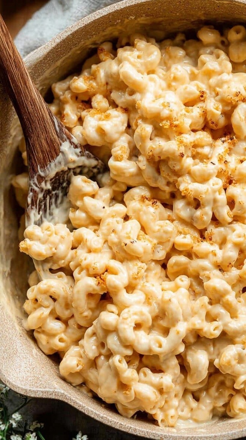 A bowl of creamy healthy mac and cheese made with whole wheat pasta and butternut squash sauce