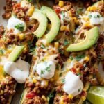 Halved zucchini shells filled with savory ground turkey and melted cheese in a baking dish.