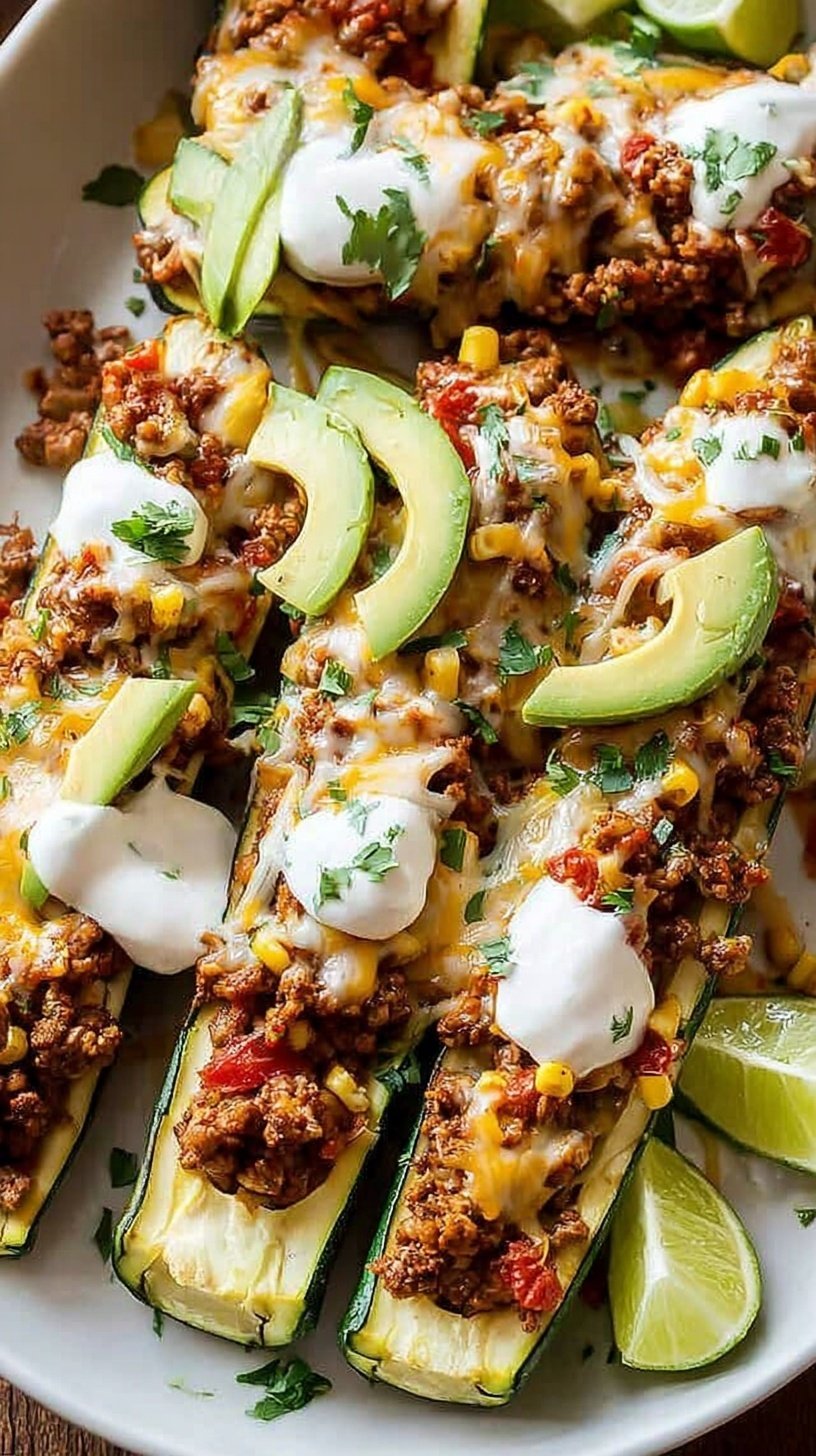 Halved zucchini shells filled with savory ground turkey and melted cheese in a baking dish.